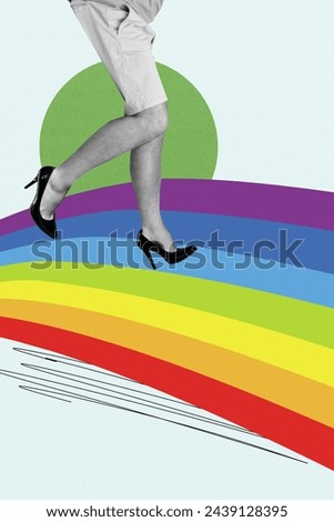 Vertical collage picture of black white colors man legs walk high heel shoes rainbow flag road isolated on drawing background