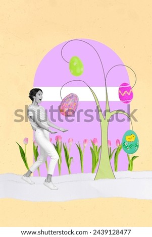 Vertical composite collage picture catch hanging paschal colored eggs religious event happy easter april isolated on beige color background