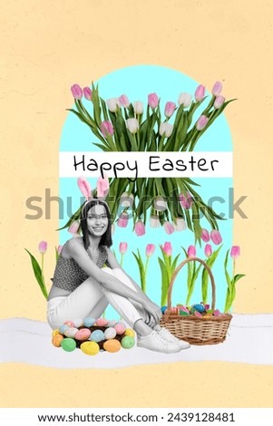 Vertical creative collage picture of young cute lady wearing rabbit ears headband tulips flower happy easter isolated on beige background