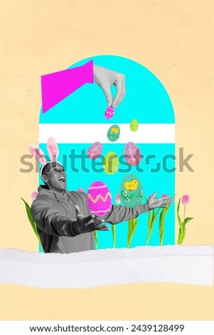 Funky greeting card brochure collage picture of youngster guy catching falling colored eggs happy easter isolated on beige background