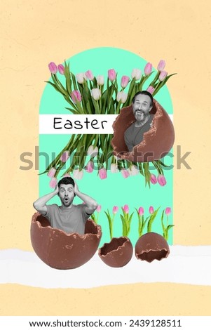 Two funny men have fun chocolate egg sweet dessert gift happy easter celebration feast pasch family tradition isolated on beige background Royalty-Free Stock Photo #2439128511