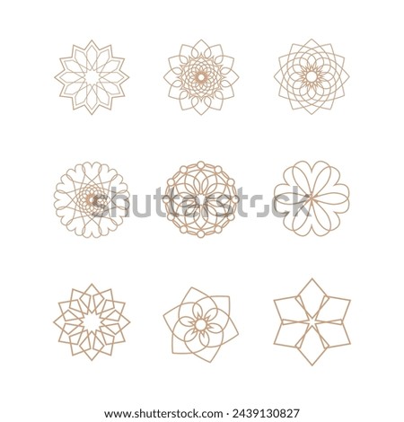 Vector set of 9 elements. Line Gold shape, logos templates for your design. Cosmetology, medicine, natural products, beauty industry. Vector golden emblem on a white  background. Royalty-Free Stock Photo #2439130827
