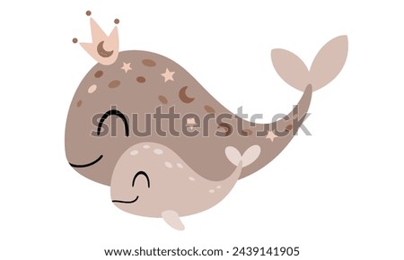 Whale clipart. Happy Mothers day clipart. Mom and baby animals in cartoon flat style. Hand drawn vector illustration.