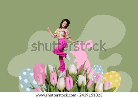 Creative abstract template collage of funny attractive girl have fun pet rabbit flowers eggs easter concept billboard comics zine minimal