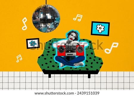 Composite photo collage of upset girl red lips sit hold old boombox disco ball home party alone sofa pictures isolated on painted background