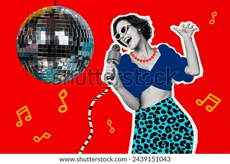 Collage artwork picture of cheerful happy woman singing song karaoke club isolated on creative painted background