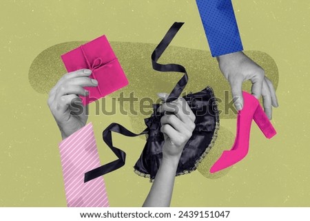 Creative collage picture human hands give receive take woman shoe footwear high heels pink colored giftbox present birthday