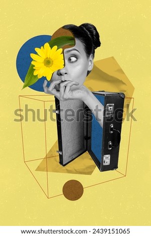 Collage picture of funky young girl gerbera blossom face eye valise travel trip relax rest concept isolated on creative 3d background