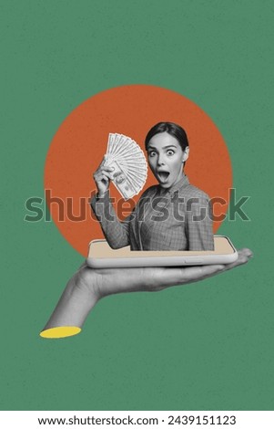 3D photo collage composite sketch image of young reach lady appear from phone screen hold pile money dollar in hand shocked stared