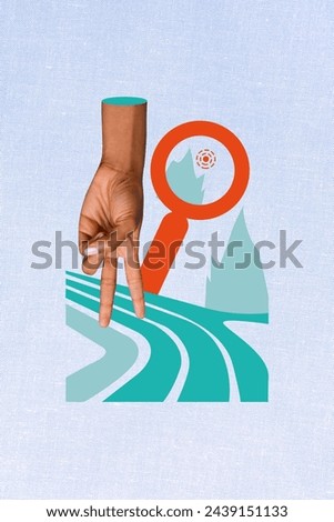 Vertical photo collage picture funny human hand body fragment walk two fingers go step magnifying loop road path drawing background