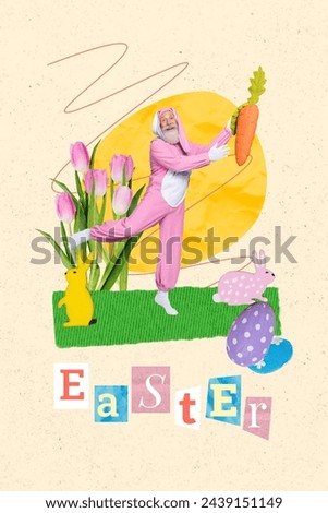 Creative drawing collage picture of funny old man pink rabbit costume want carrot easter concept billboard comics zine minimal