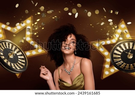 Collage picture of stunning successful girl spin roulette wheel las vegas casino star lights flying tokens chips