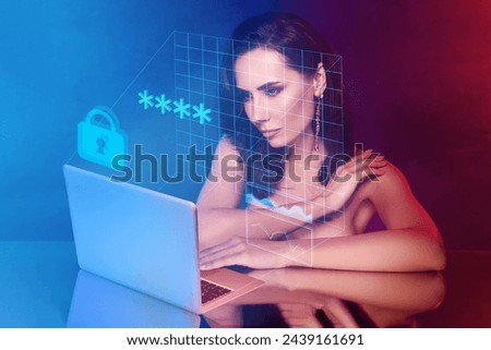 Creative future 3d collage of woman using netbook writing password data access with holographic effects