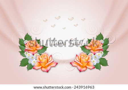 Yellow roses and asters on wavy pink background 