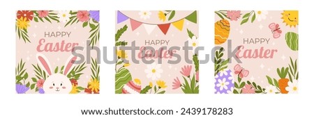 Easter collection of square social media post template. Design for celebration spring holiday with flowers, bunny, butterfly, sun and painted eggs. Hand drawn flat vector illustration Royalty-Free Stock Photo #2439178283