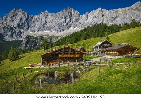 Admirable alpine landscape, wooden log houses on the slope and picturesque high mountains in background, Dachstein mountain group, Ramsau am Dachstein, Austria, Europe Royalty-Free Stock Photo #2439186195