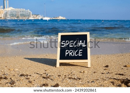 Special Price symbol. Concept word Special Price on black chalk background. Beautiful sea background. Business and Special Price concept. Copy space