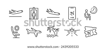 10 black outline icons representing planes,flight elements like airplanes, security gates, waiting lounge, tropical island, plane tickets.Air travel, tourism, holiday, vacation. Vector Illustration.