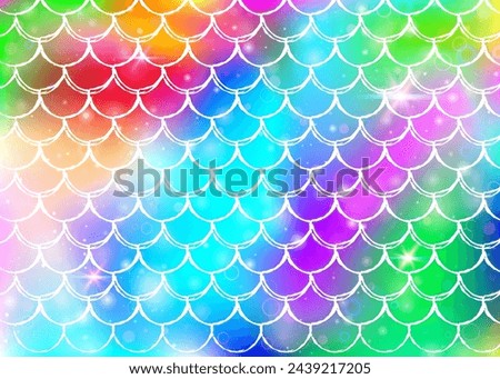 Kawaii mermaid background with princess rainbow scales pattern. Fish tail banner with magic sparkles and stars. Sea fantasy invitation for girlie party. Pearlescent kawaii mermaid backdrop.