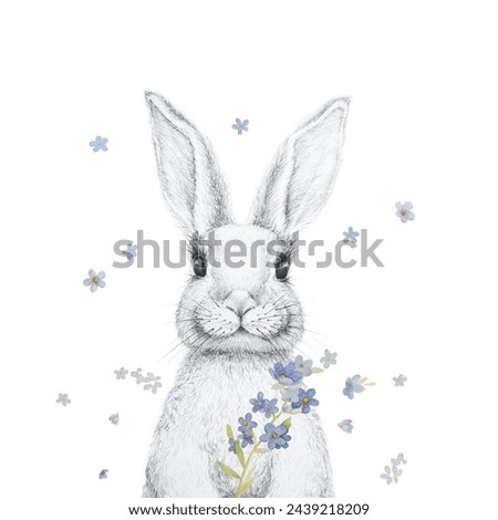 Cute Bunny with Forget Me Not Flowers Illustrations. Easter Bunny Clip Art. Nursery Wall Art Vintage. Rabbit with Flowers Illustrations