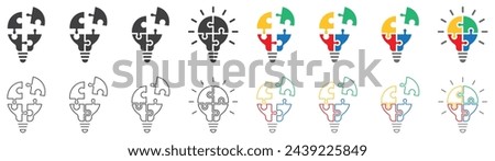 Set of light bulb puzzle icons. Lamp symbol with jigsaw inside. Business concept, idea, strategy. Four puzzle pieces with light bulbs. Vector illustration.