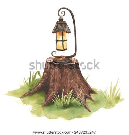 Watercolor vintage oil kerosene lantern on wooden stump illustration. Mountain equipment for recreation tourism and adventure isolated on white background. Clip art for autumn and winter woodland