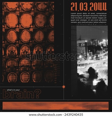 IG post template of rave party. With halftone elements brain x-rays and street and road views. Orange and white and black colors. Grunge trendy collage design. Vector art