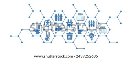 Public utilities vector illustration. Concept with connected icons related to water supply, electricity, gas, sanitation, household waste including internet access and telephone line. Royalty-Free Stock Photo #2439252635