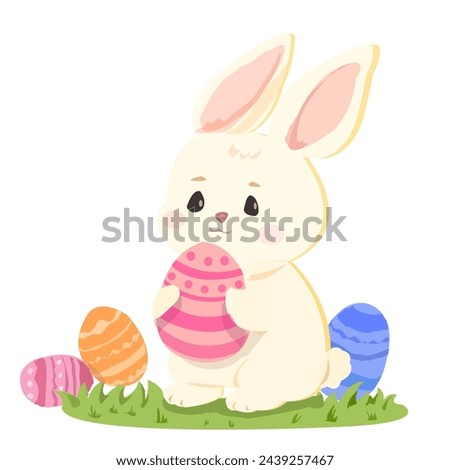 Adorable Cartoon Bunny Holding a Decorated Easter Egg Easter bunny vector clip art (sstkEaster)