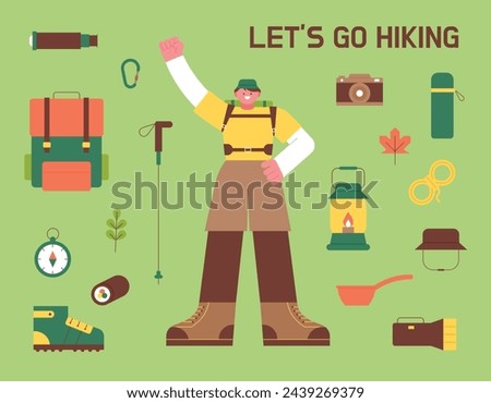 A person in hiking clothes waving and a collection of mountaineering equipment.