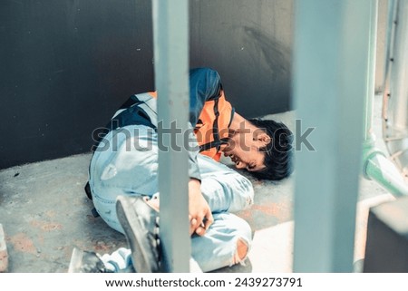 Asian HVAC engineer suffered serious leg injury on the job. Urgent first aid and assistance from coworkers is essential. Expressions of pain on face convey physical and emotional response. Royalty-Free Stock Photo #2439273791