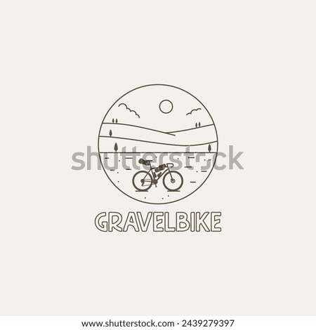 Gravel bike in nature line art outline logo. Nature cycling icon, bike packing logo