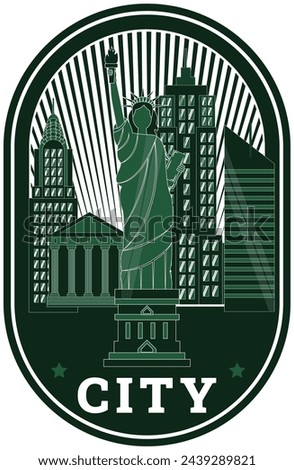 A green city sticker with a statue of liberty in the center. The sticker is circular and has the word "city" written in white
