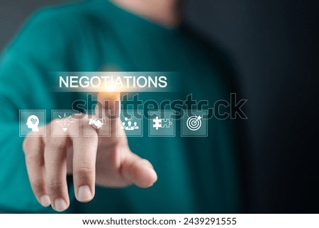 Negotiation concept. agreement, cooperation, business partnership Businessman touching negotiation icons on virtual screen.