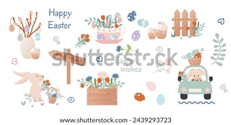 Happy Easter clip art. Set of cartoon characters in retro style. Easter bunny, car with bunny, flowers, basket with Easter eggs. Vector illustration