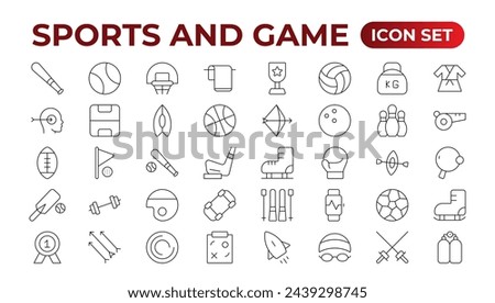 Sports and Game icon set. Hobby and lifestyle line icons collection. Religion, sport, game, fitness, music, cinema icons. UI icon set. Thin outline icons pack. Outline icon collection.