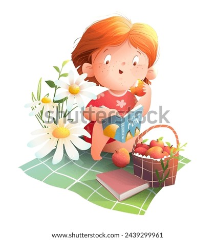 Cute little girl reading books or study sitting on picnic blanket with a basket of apples. Summer or spring cartoon for children girl reading books. Vector clip art illustration for kids story.