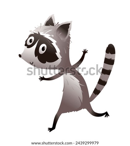 Curious funny raccoon animal character illustration for kids. Cute silly raccoon walking or running, having fun. Vector hand drawn illustrated playful animal character for children.