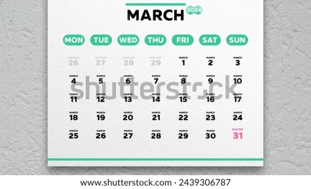 Close-up of a beautiful March page of the calendar 2024 with the marked Catholic Easter date on it