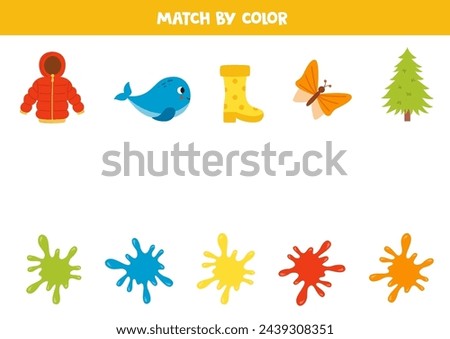 Match colorful objects and blobs of paint by colors. Educational logical game for kids.