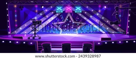 Talent reality show with equipment on stage for tv broadcast and record. Cartoon vector competition scene with jury chairs and table, vote signs, big star and microphone, video cameras and spotlights. Royalty-Free Stock Photo #2439328987
