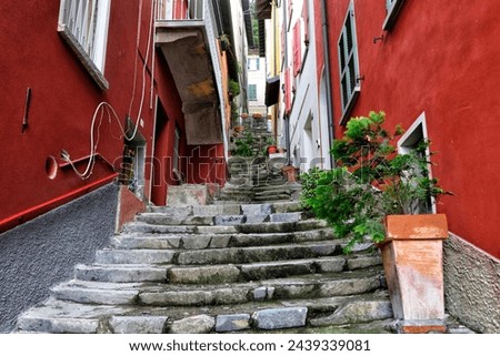 Varenna, Province Lecco,  Lombardy, Italy, Europe - narrow colorful street in historic part of touristic resort located on Lake Como shore Royalty-Free Stock Photo #2439339081