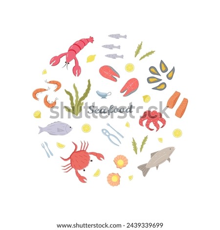 Seafood icons elements in color. Vector illustration of seafood and sea cuisine.