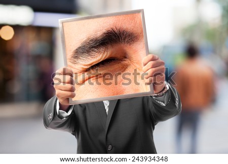 young crazy businessman on city background