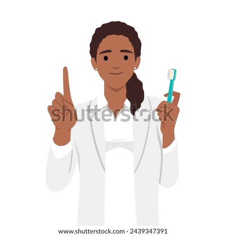 Young dentist holding a dental jaw model and a toothbrush in hands. Flat vector illustration isolated on white background