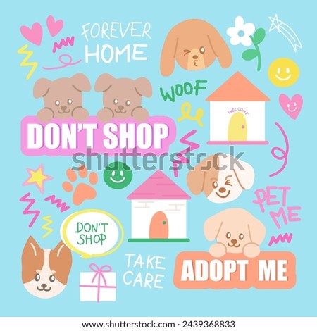 ADOPT, DON'T SHOP clip arts for animal, pet, vet, stickers, social media post, decorations, forever home, print, banner, cartoon character, mascot, cute patches, logo, card, tattoo, ads, dogs, paw