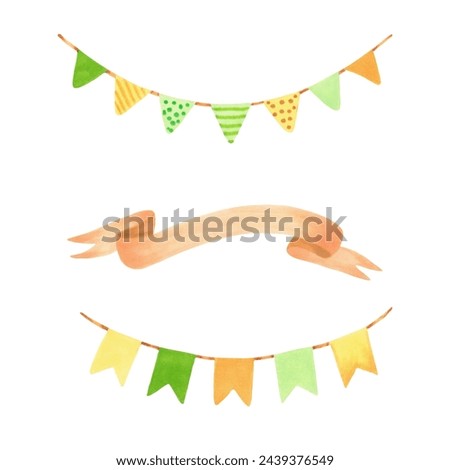 Set of garlands with ribbon for text.Watercolor and markers illustration.Hand drawn isolated stripe and bunting for banner.Clip art for message,cards or invitations,seasonal holidays.