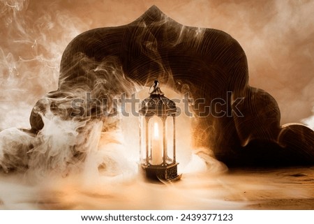 Image of arabic lantern with lit candle light in high definition and quality with arabian decor background. Ramadan concept ideas.
