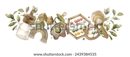 Watercolor composition of baby things, bottles, rattles, pacifiers, bills, cubes and greenery. Isolated hand drawn illustration for children's interior, cards, stickers, textiles, design, invitations.