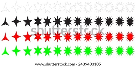 Trendy retro stars shapes. Sunburst design elements set. Bursting rays clip art. Red sparkles. Best for sale sticker, price label, quality sign.